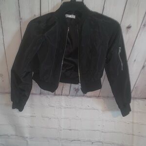 SHEIN Black Cropped Bomber Jacket with Sleeve Zip